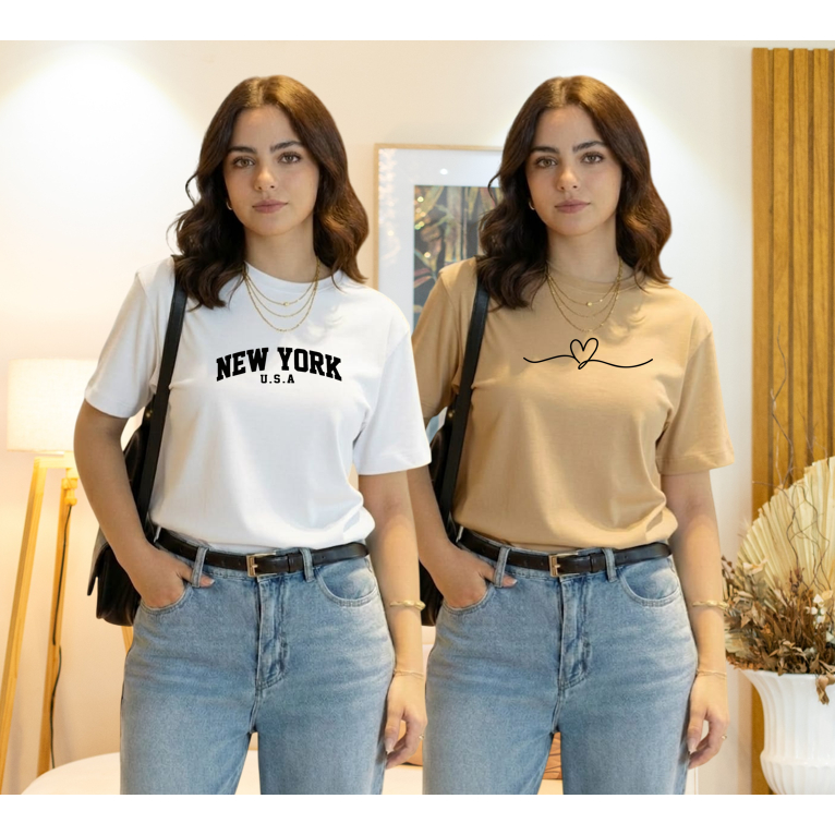 Kit 2 T-shirt Feminina Estampada 100% Algodão Confortável Camiseta Gola Redonda Várias Cores