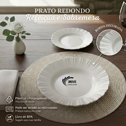 Prato Redondo 25 Refeição + 25 Sobremesa Bordas Decoradas - (Plástico) Reutilizável ideal para Festas