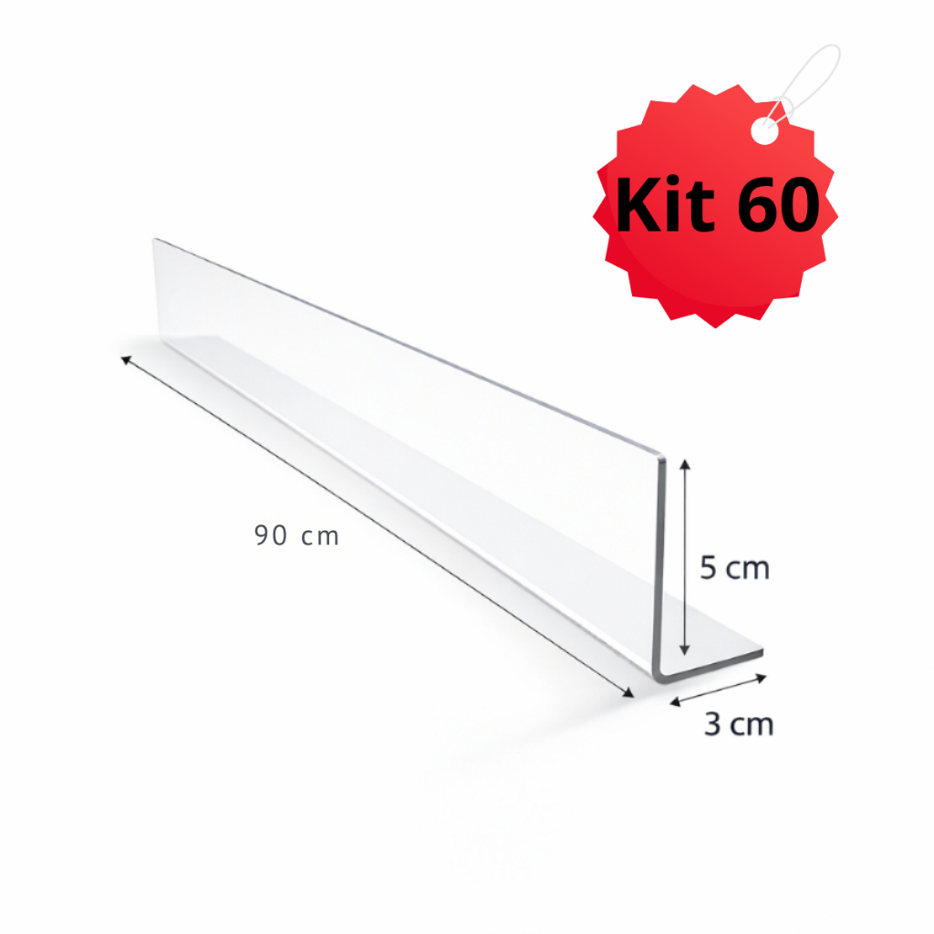 Kit 60 Unidades Cantoneira Aparador De Gôndola Cristal PETG 90x5