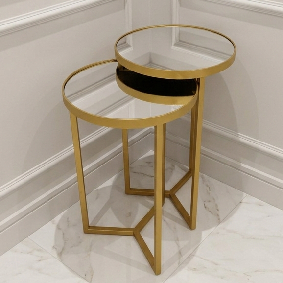 Conjunto 2 Mesa Lateral Aço Estilo Industrial Tampo Com Espelho Steel Glass em Aço Inox  - LH Móveis