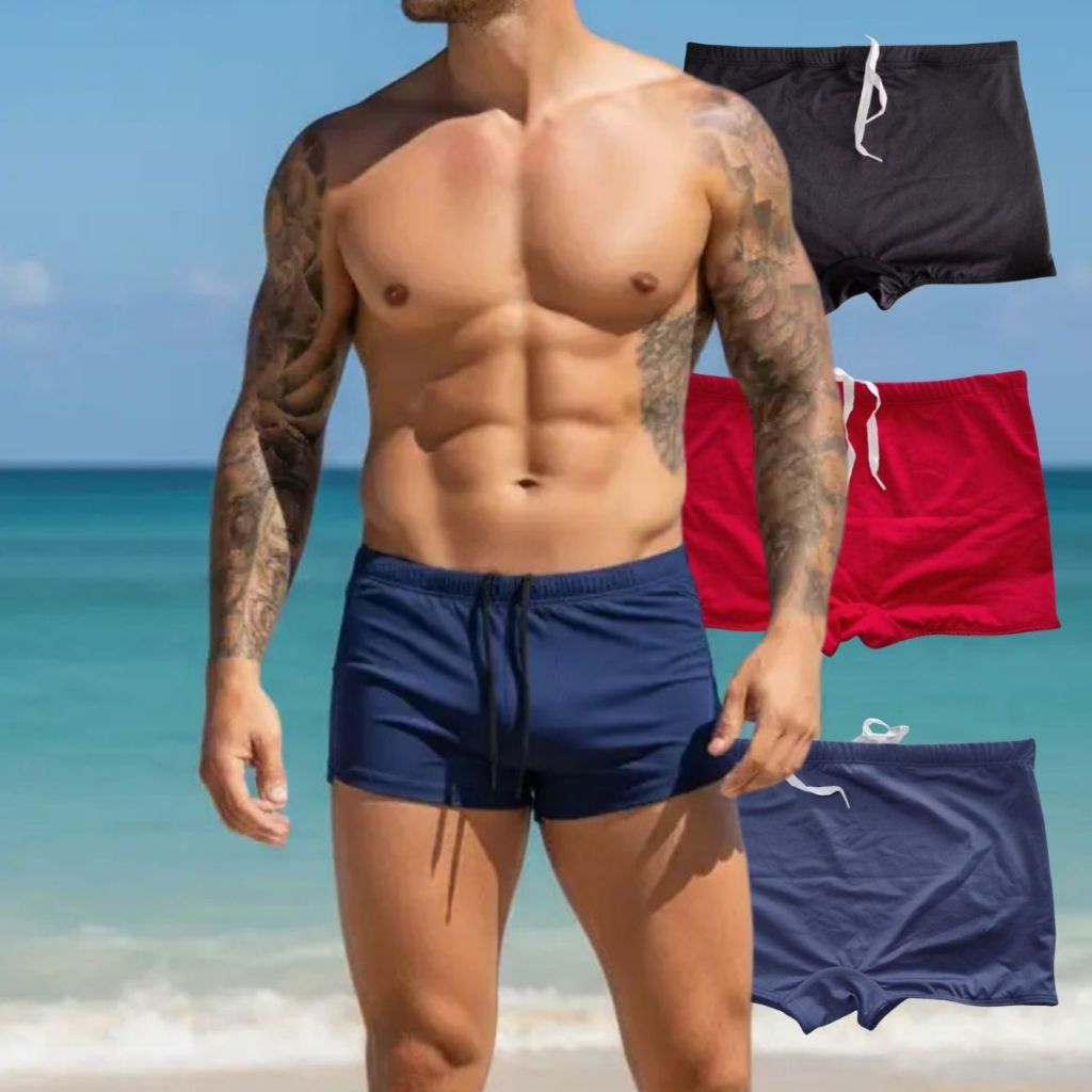 Sunga Boxer Masculina UV50+ Ajustável Para Piscina