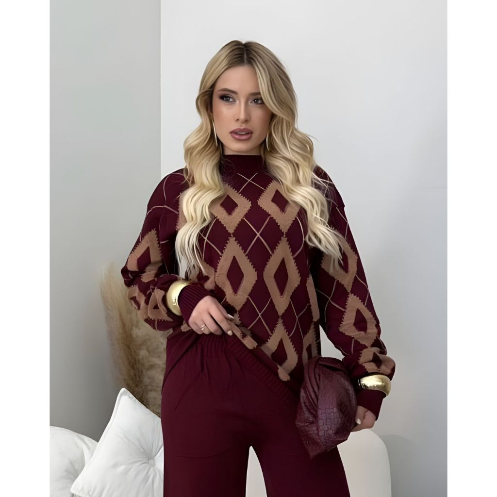 Blusa de Frio Suéter Feminina Tricô Canelado Gola Alta Jacquard Triângulo Elegante Outono Inverno