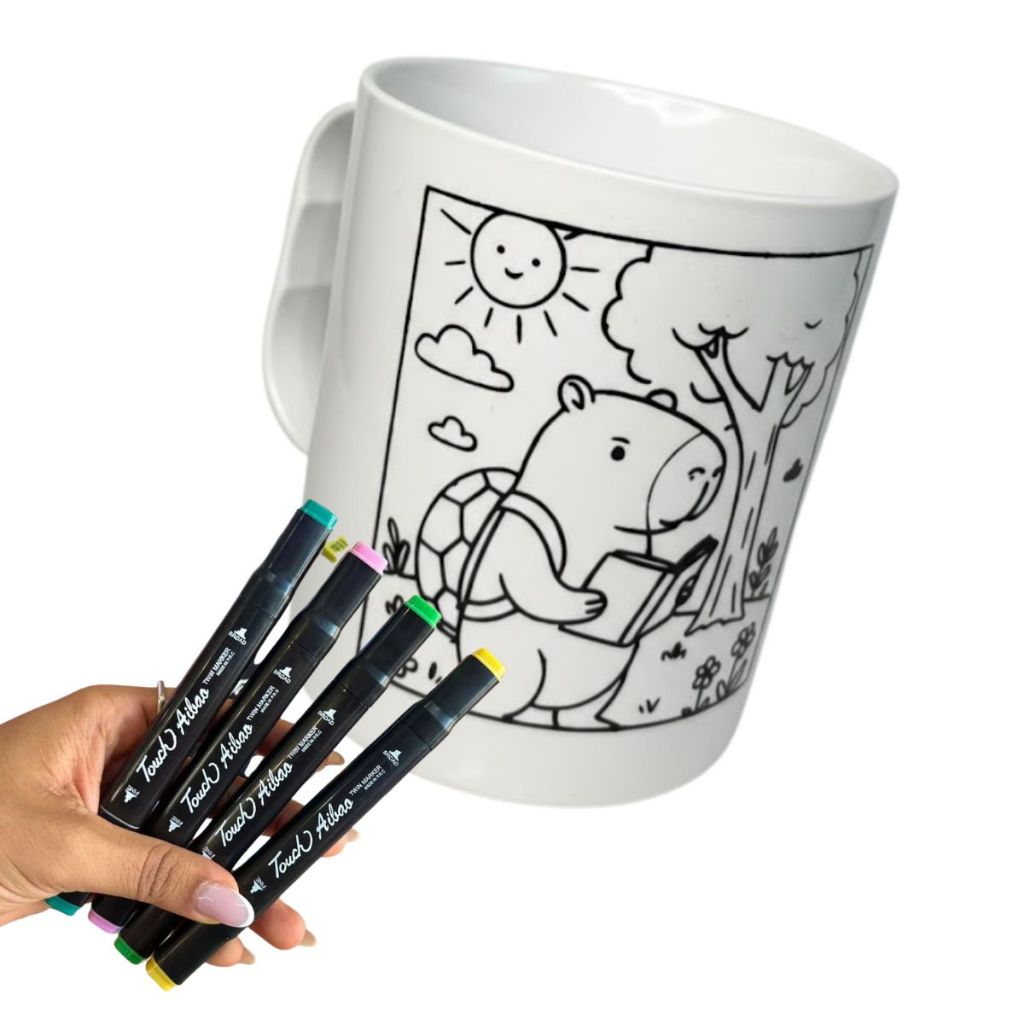Kit Caneca Capivara Para Colorir Caneca Infantil Reutilizável Canetinhas Pinta e Lava P/ Levar na Lancheira