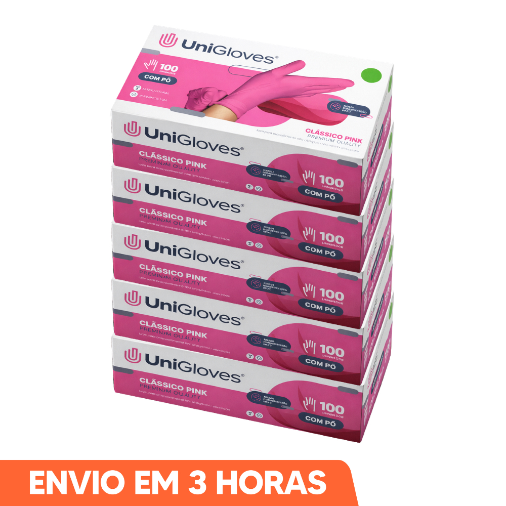 500un Luva de Procedimento Látex Rosa Com Pó Descartável PP P M G Marca Unigloves
