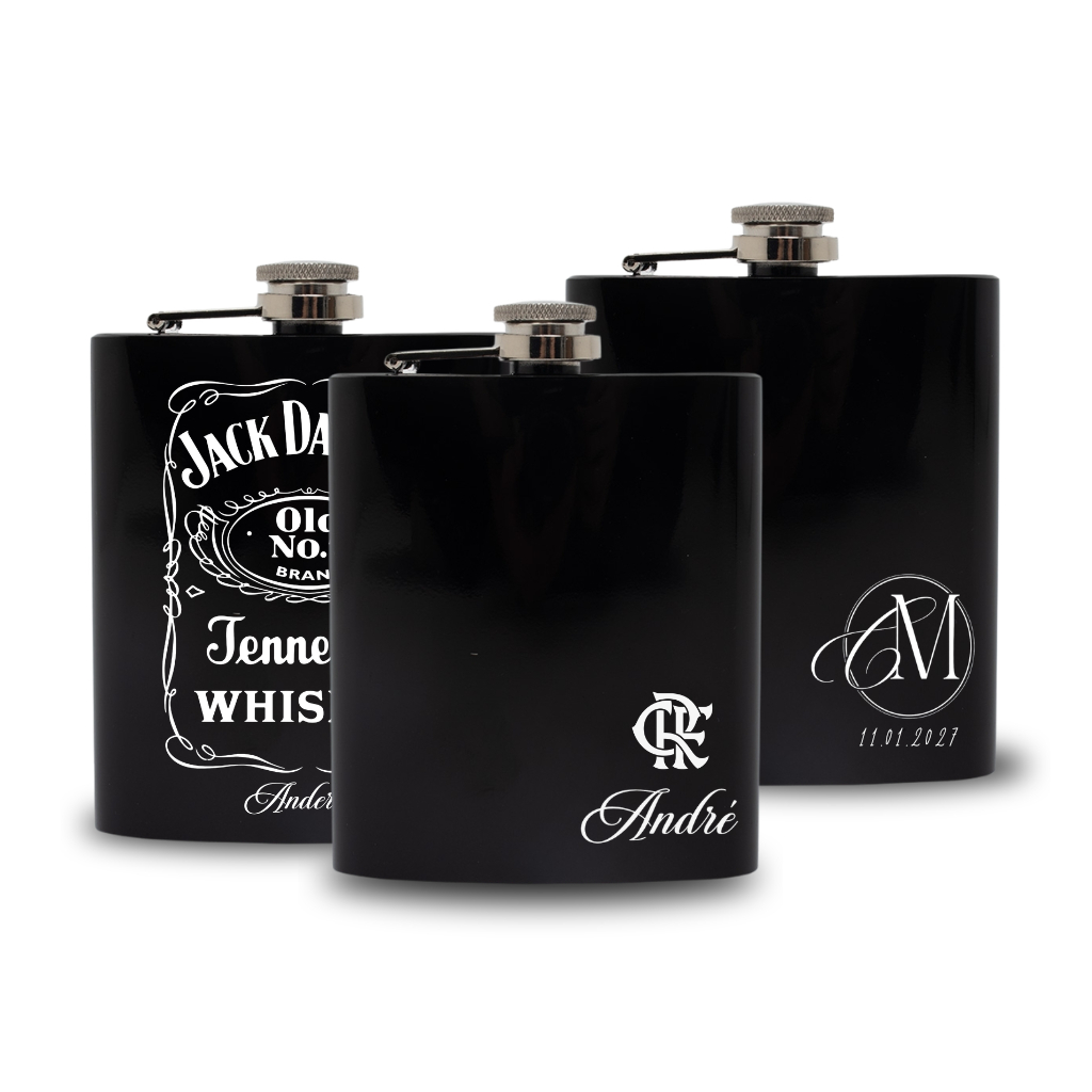 Porta Whisky Cantil 7oz Preto Aço Inox Personalizável Elegante Premium
