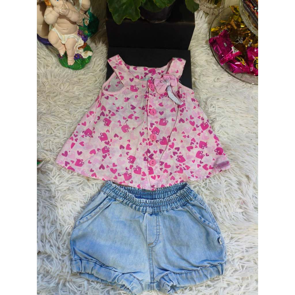 Conjunto Infantil Feminino, ( Bata Regata Rosa Floral + Shorts Jeans), Tam: 1, Marca: Bauerbauer1977