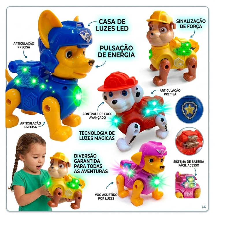 Kit Patrulha Canina Cachorro Robo Com Luz Fujão Pilha Brinquedo Infantil Led Som Cachorrinho