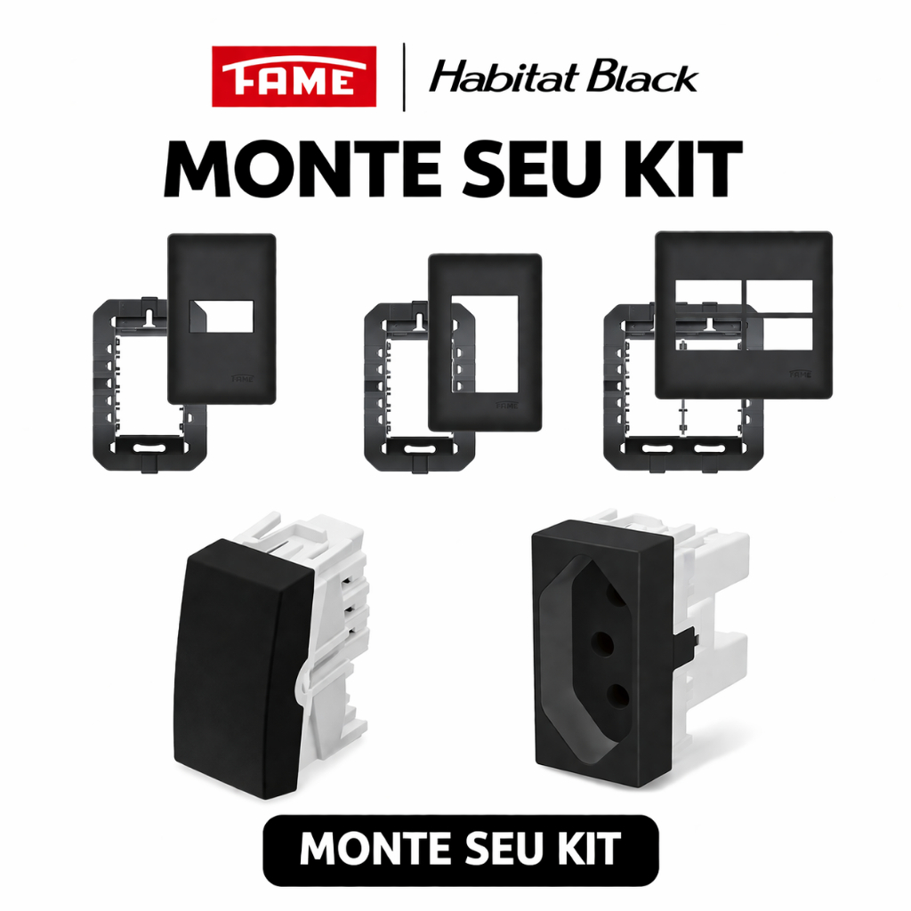 Conjunto Habitat Black Fame Tomadas 10A/20A Interruptores Paralela Simples Placa Cega