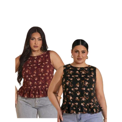 Kit 2 Blusas Regata Plus Size Floral Feminina Babado com Transpasse nas Costas - Moda Verão Casual