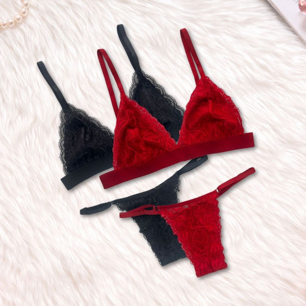 Kit 2 Conjunto Lingerie Feminina Sutiã Sem Bojo + Calcinha de Renda Regulagem em Oferta na Shopee