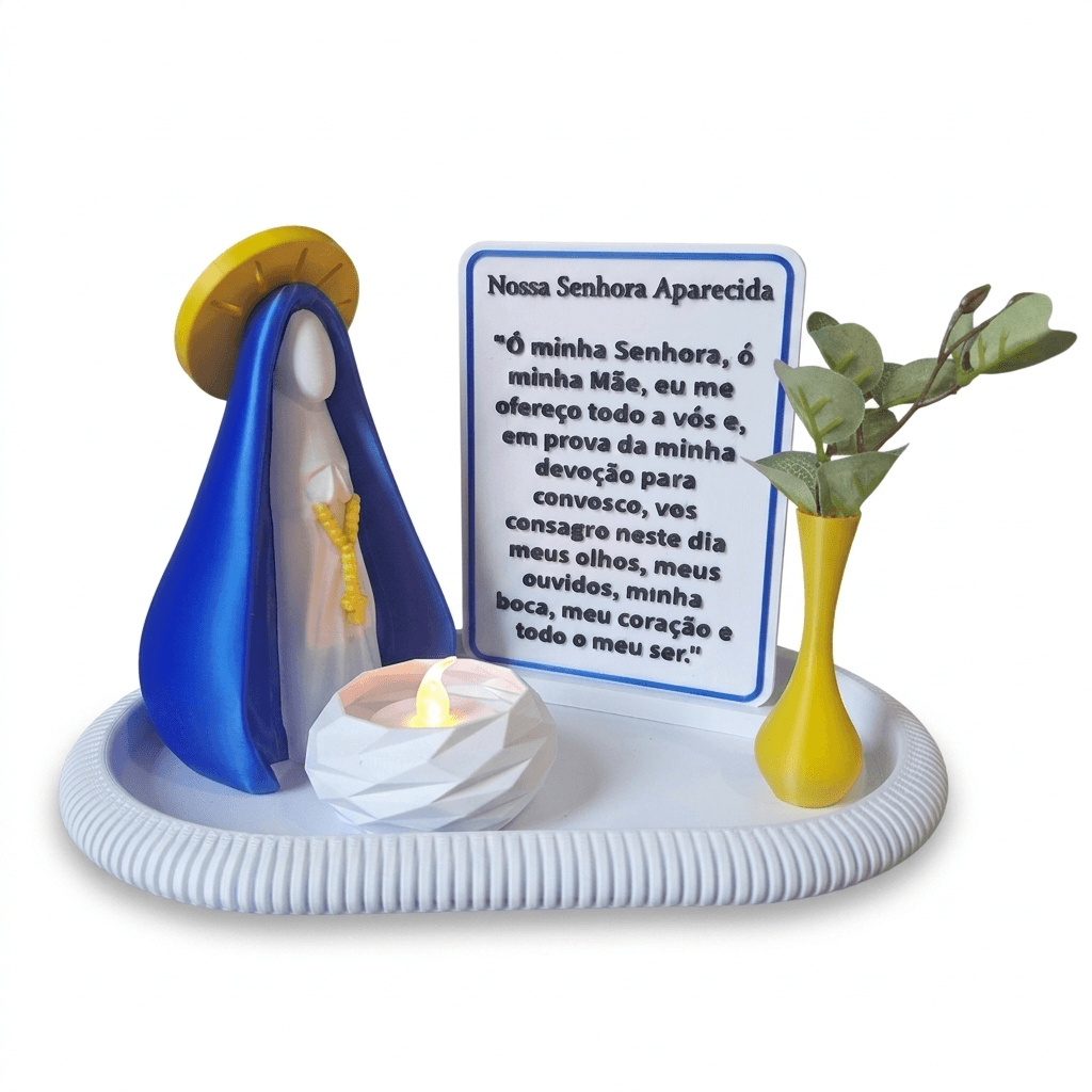 Kit Nossa Senhora Aparecida Decorativo com Bandeja Oração Vela LED Presente Religioso