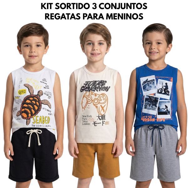 Kit 3 Conjuntos Regata e Bermuda Meninos Sortido Verão Confortável Menino - Kit 6 Peças Masculino