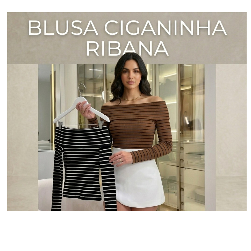 Blusa Ciganinha  Feminina Ombro a Ombro Manga Longa Ribana Canelada Listrada  Casual