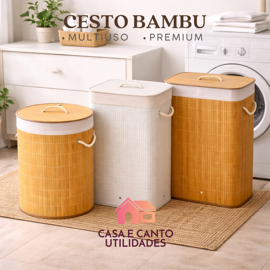Cesto de Roupa Suja Dobrável Bambu com Tampa e Forro Organizador Resistente e Grande Banheiro