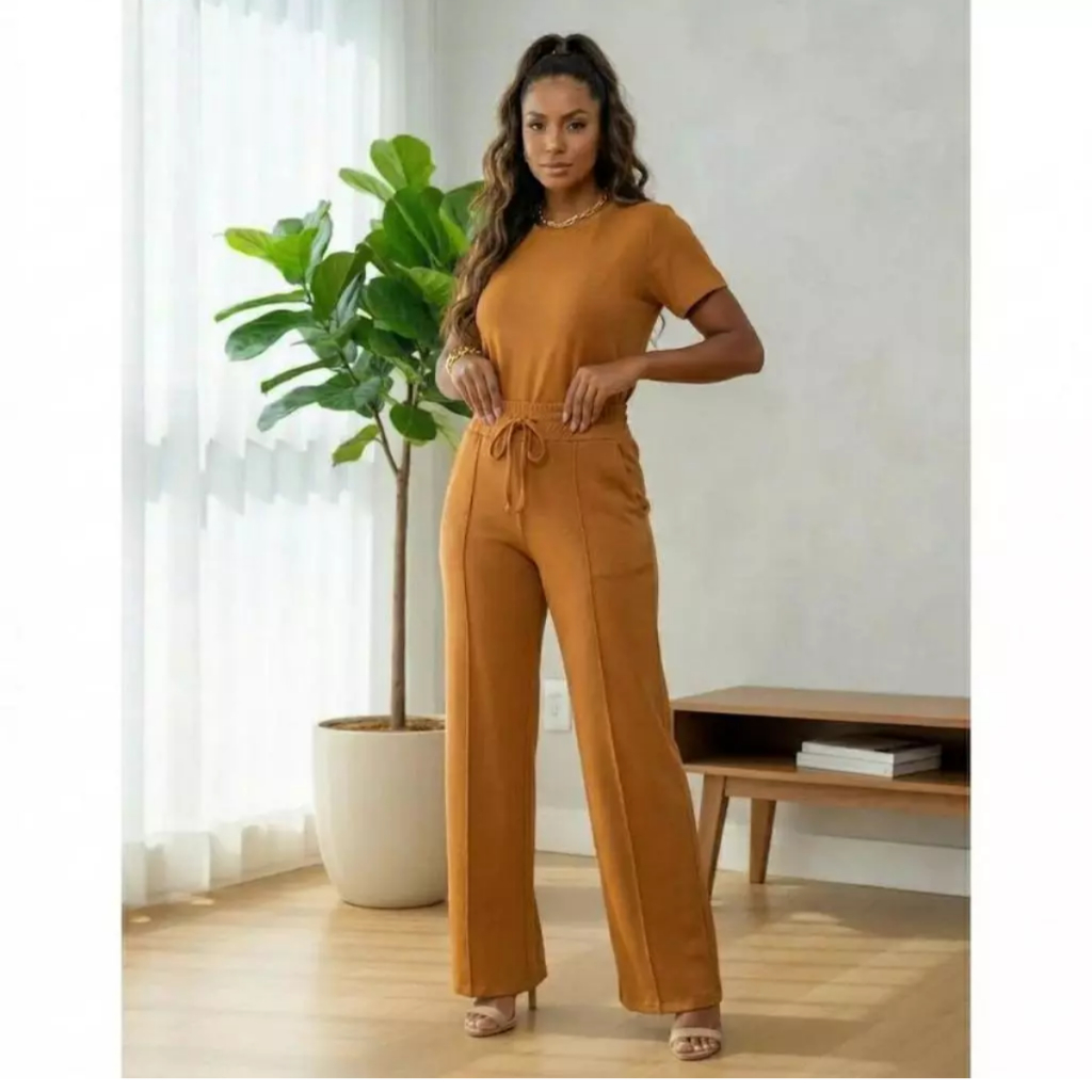 Conjunto Moletinho Feminino inverno outono moda manga curta Calça Pantalona