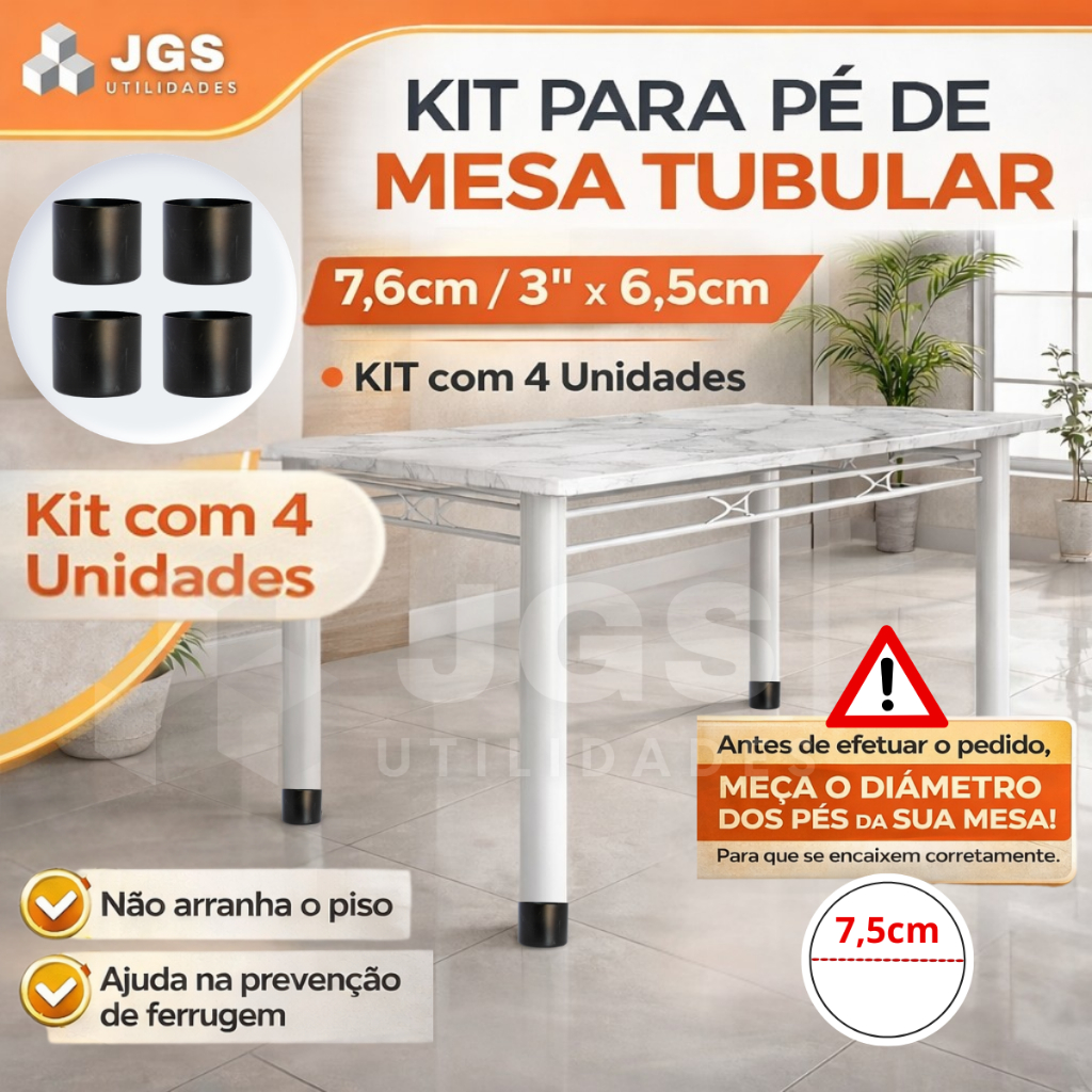 Kit 4 UND Pé de Mesa Tubular 7,6cm Ponteira Protetora PRETO 3 Polegadas