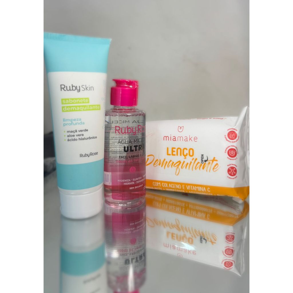 Kit Skincare Ruby Rose Sabonete Facial Água Micelar e Lenço Demaquilante Mia Make Limpeza Profunda