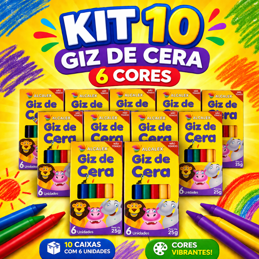 10 Cx Giz de Cera 6 Cores p/ Kit Festa Lembrancinha Infantil Artesanato Escolar