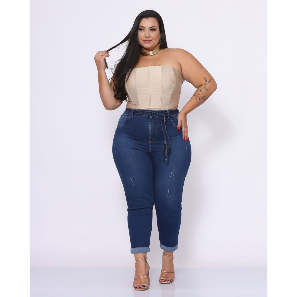 Calça Jeans Plus Size Capri Escura Cós Clochard Com Lycra Cintura Alta
