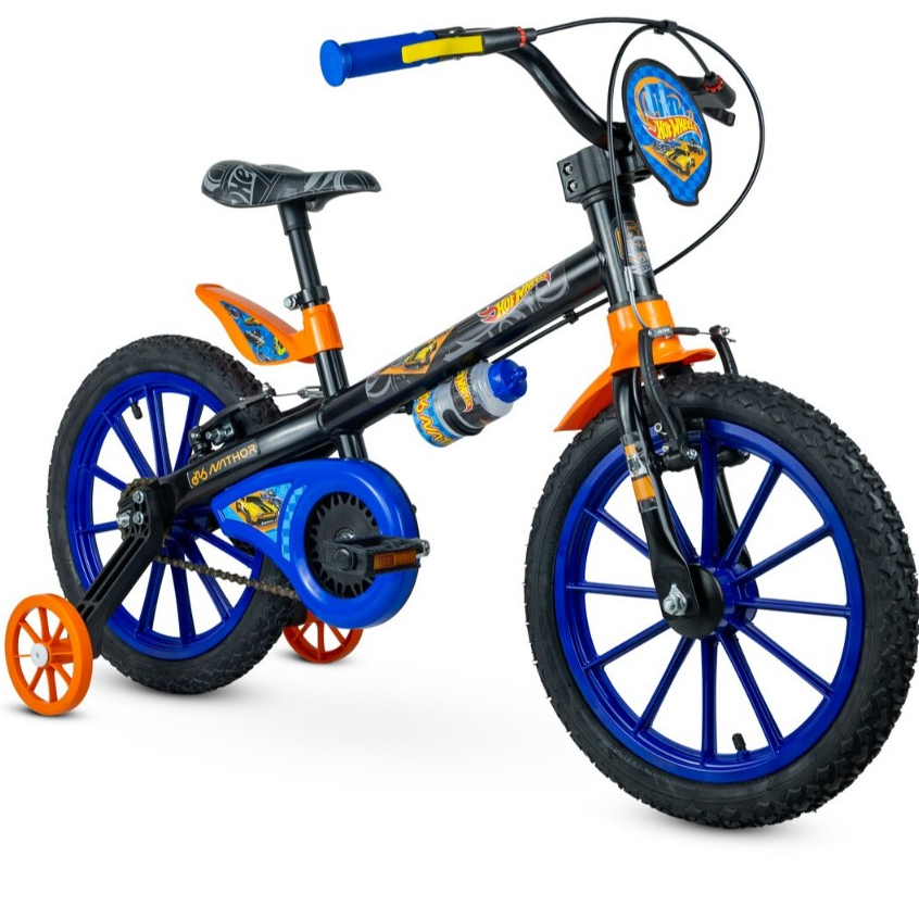 Bicicleta Infantil Aro 16 Freio V-Brake1 Marcha Placa Temática Nathor C/ Rodinhas Hot Wheels