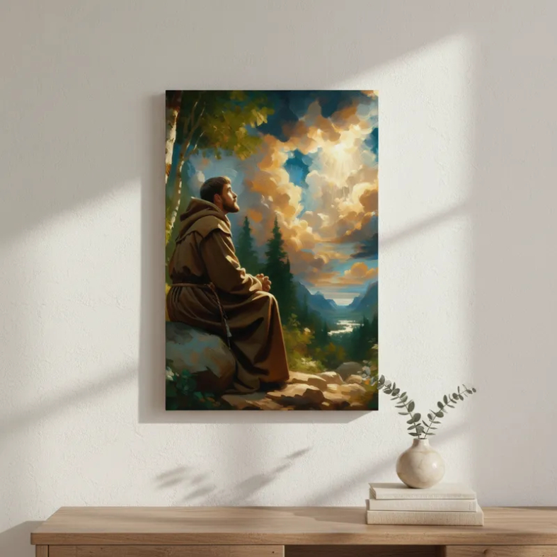 Quadro Premium Decoração Arte Sacra  São Francisco De Assis Santo Católico Canva  60x40
