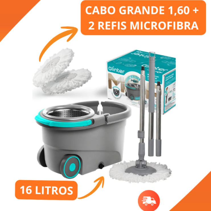 Mop Giratório Inox 360° Com Balde Centrífuga | Kit com 2 Refis Limpeza Profissional Alta Durabilidade Casa Pisos Glinter