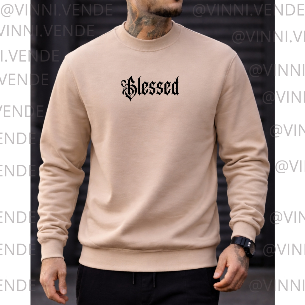 Moletom Masculino Bege Blessed Gótico Minimalista Streetwear Premium Conforto Top