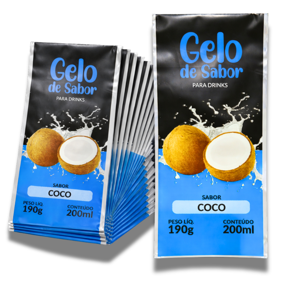 Embalagem para Gelo Sabor Coco Verde 250 Unidades Gelo Saborizado BOPP Metalizado 200ml