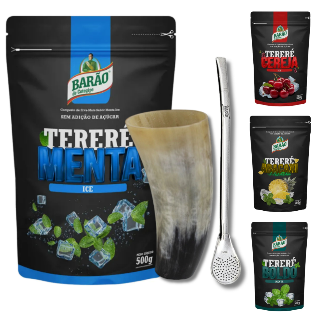 KIT BARAO Erva Mate Barao 500g + Copo Cuia Chifre Natural + Bomba Clássica c/ Micro Furos