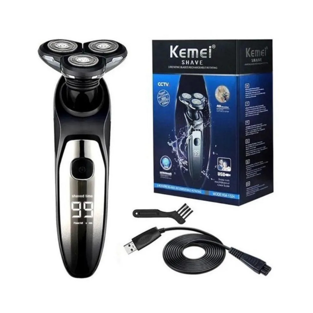 Barbeador Elétrico Kemei KM-1524 Sem Fio Recarregável Original À Prova D'água Portátil Bivolt