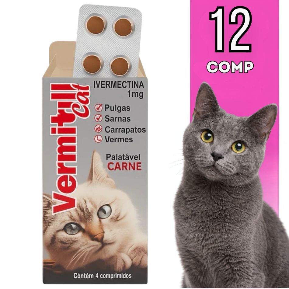 12 Comprimidos Anti Vermes, Carrapatos, Pulgas E Sarnas Para Gatos - Vermitril Cat sabor Carne