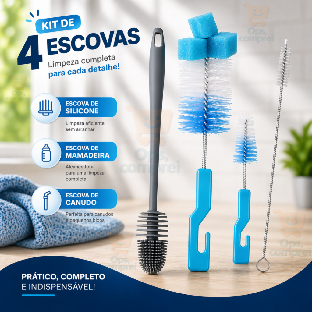 Kit 4 Escovas Para Lavar Louça Garrafa Copo de Vidro Mamadeira Canudo Limpeza Casa Pia