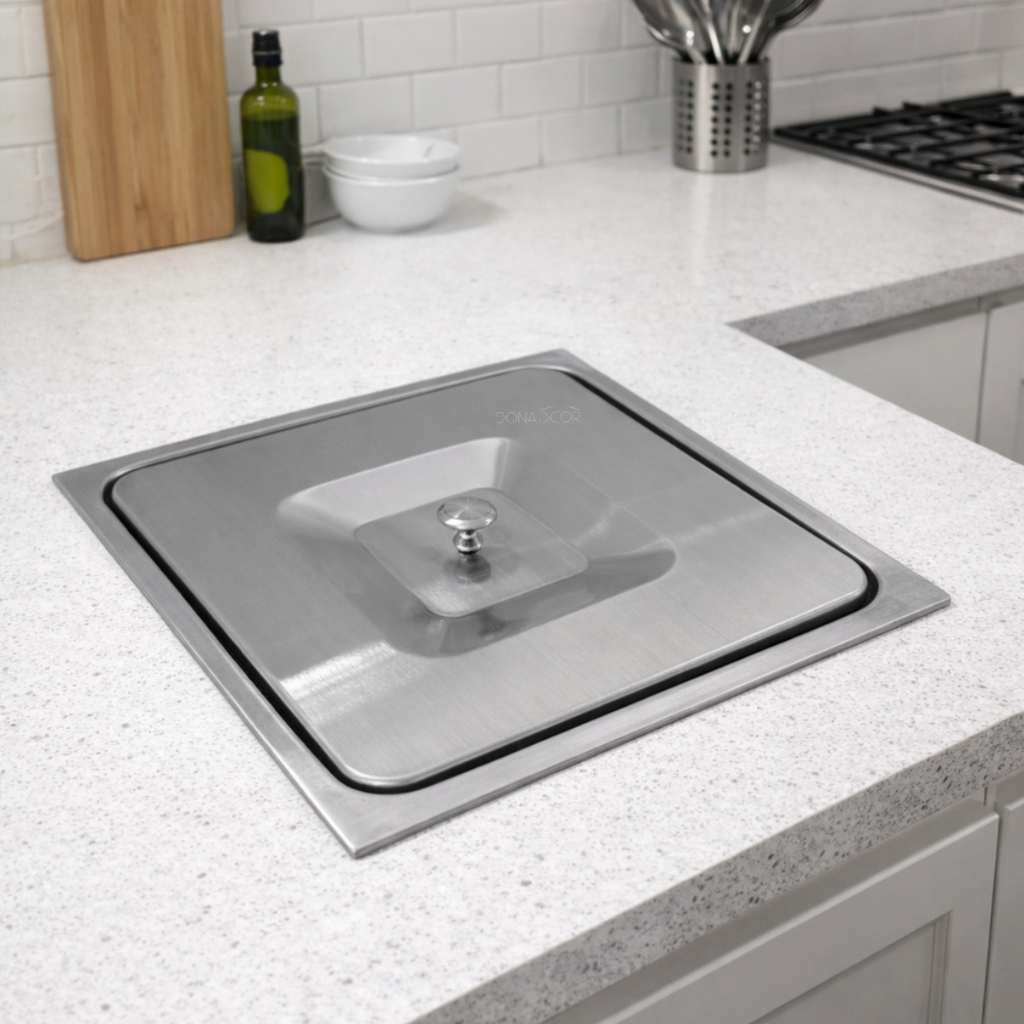 Lixeira De Embutir Quadrada Inox Escovado Cesto Lixo 5 Litros Pia Cozinha Bancada De Granito Mármore