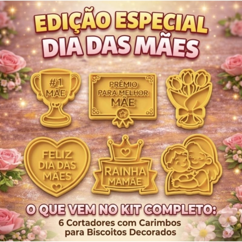 Kit 6 Cortadores de Biscoito Dia das Mães com Carimbo Molde Confeitaria com puxadores grátis Pasta Americana em Oferta na Shopee