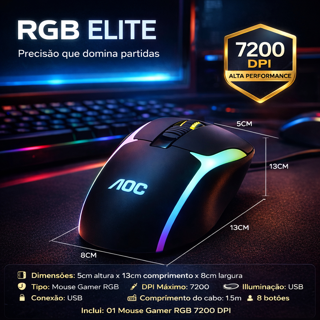 Mouse Gamer RGB Alta Precisão 7200 DPI Performance Profissional Jogos Iluminação Ajustável Oferta