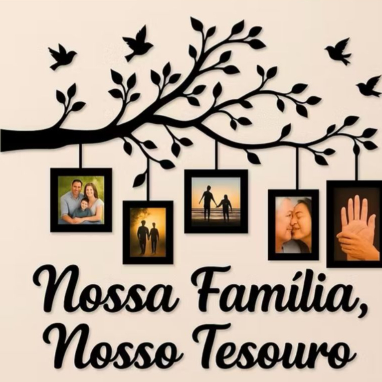 Painel Porta Retrato Nossa Família Nosso Tesouro MDF Quadro Decorativo Arvore Moldura Fotos 10x15