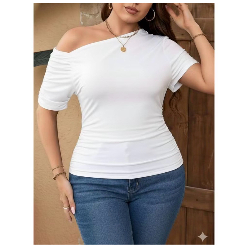 Blusa feminina Plus size jovem no suplex premium de um Ombro Só Drapeada Elegante e Moderna casual estilo 2026 Estilosa