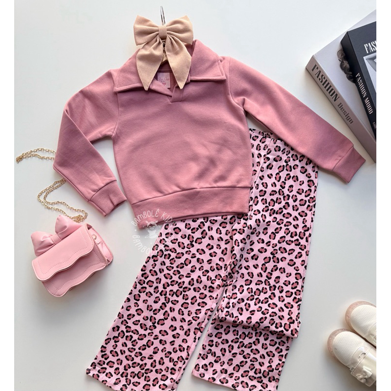Conjunto Infantil Feminino Blusa Flanelada + Calça Estampada Animal Print Rosa inverno (Tam 4 ao 10)