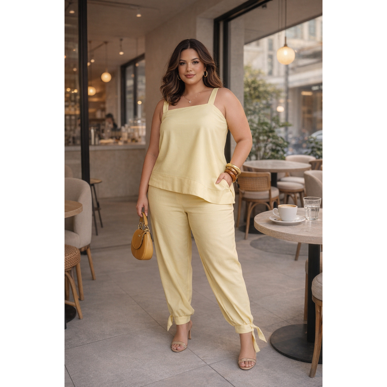 Conjunto Feminino Plus Alfaiataria Blusa Regata Barra Assimétrica Calça Pantalona Alladin Amarração