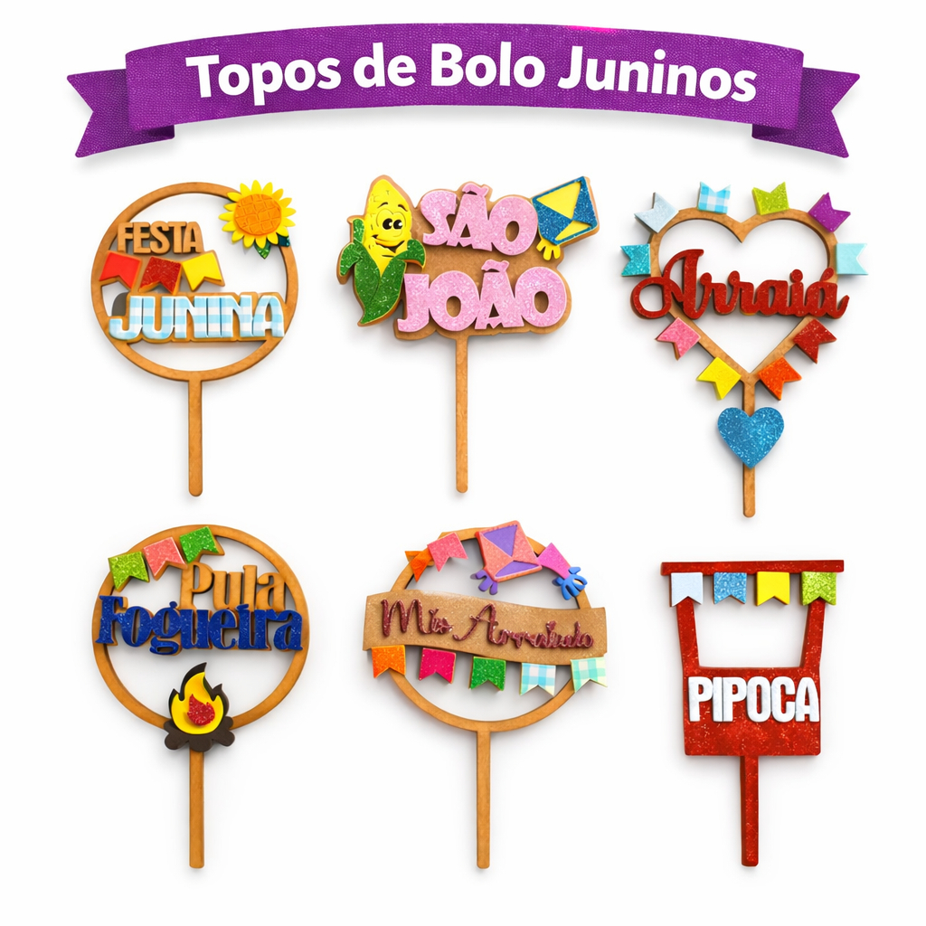 Topo de Bolo Festa Junina EVA 6 Modelos São João Decoração Bolo Centro de Mesa Arraiá Festa Junina