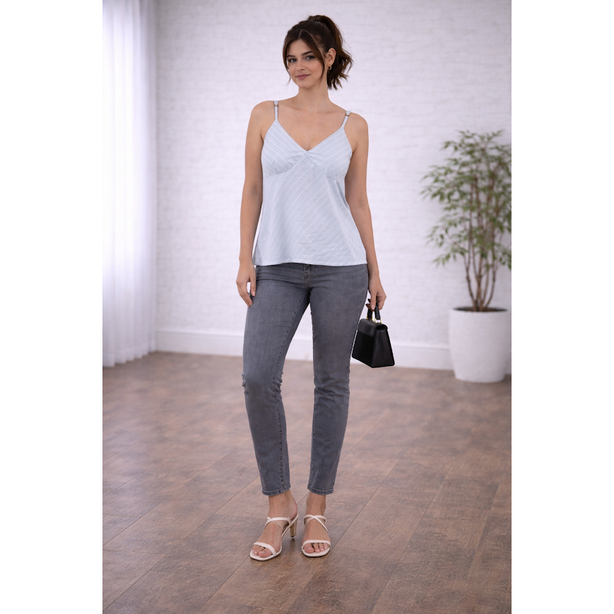 Blusa Feminina Risca de Giz Alcinha Regulável Estilo Bata Tam 42