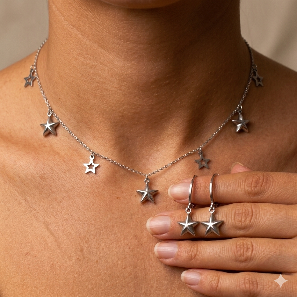 Conjunto Feminino Colar e Brinco Estrela Aço Inoxidável Cirúrgico Prata antialérgico Moderno presente