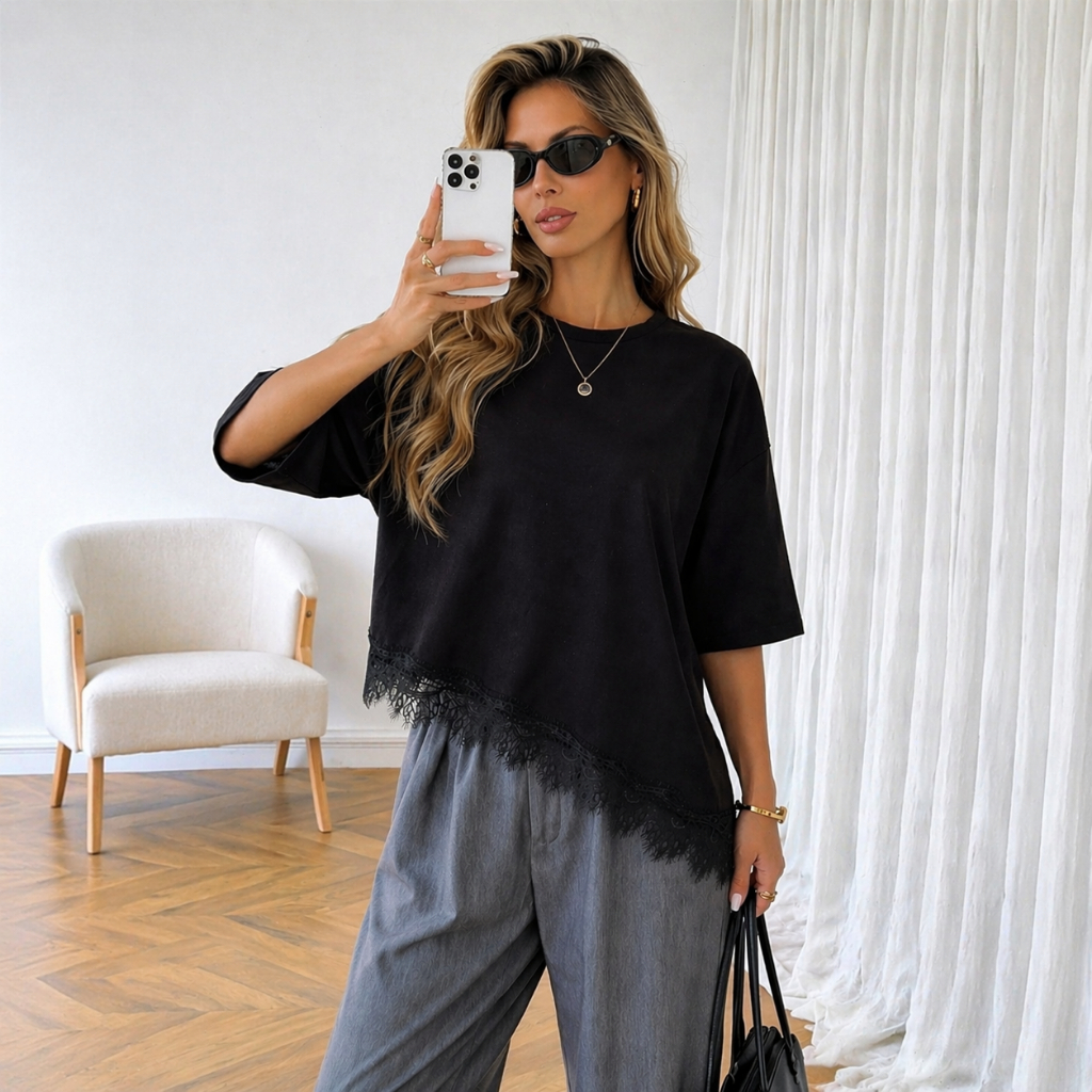 BLUSA FEMININA OVERSIZED COM RENDA ASSIMÉTRICA ESTILO PREMIUM CONFORTO E TENDÊNCIA  T-SHIRT ALGODÃO