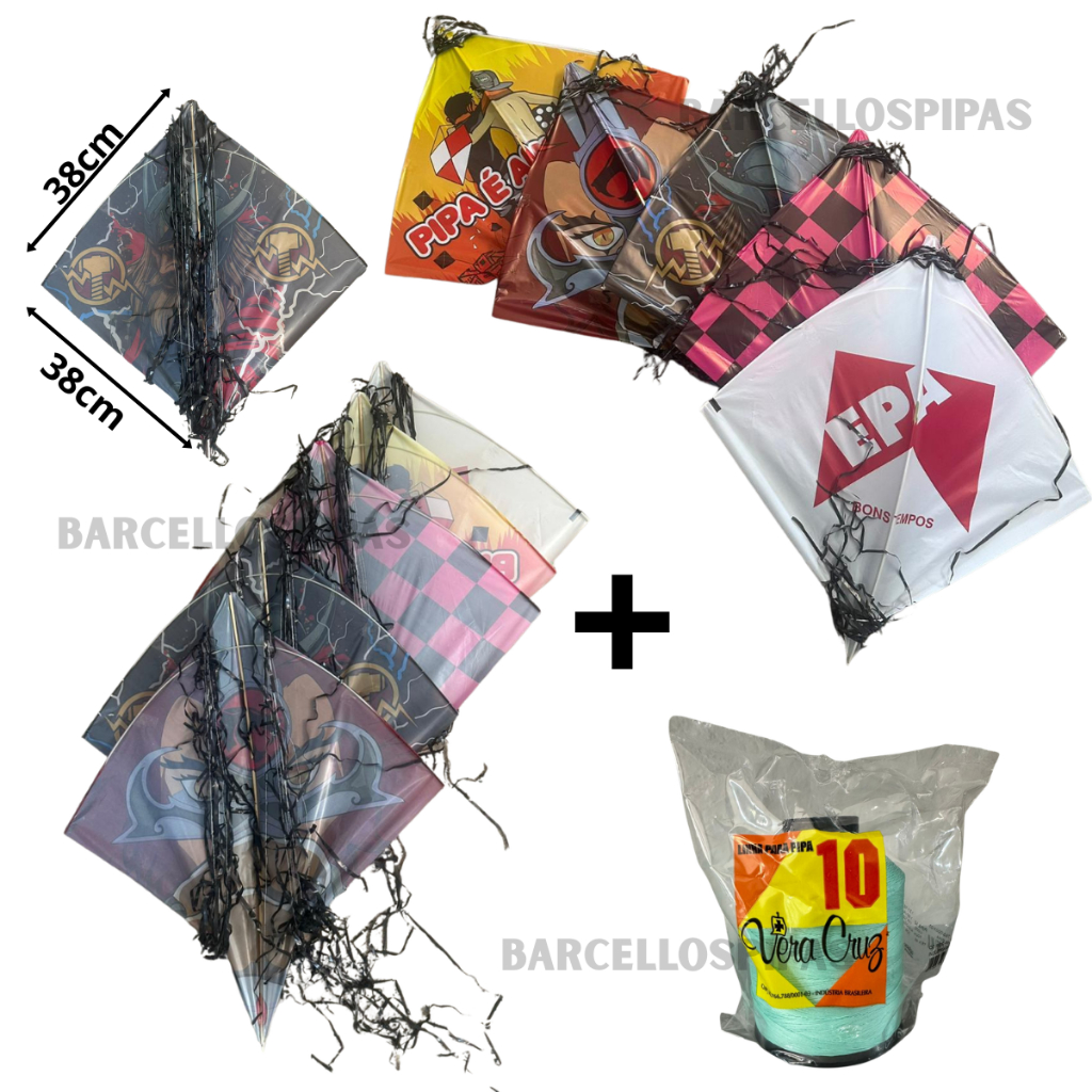 Pipas Raias Flechinhas 10 Unidades 38x38 Com 10 Rabiola De 5m + Linha Vera Cruz 1500 Jardas(3 Tubão)