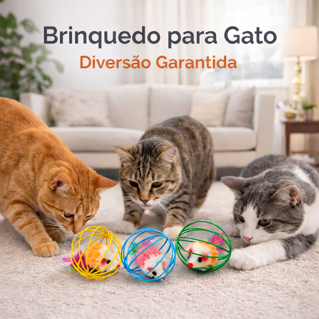 Bola Brinquedo para Gato Pet Interativo Ratinho com Pena e Bolinha na Gaiola Colorida