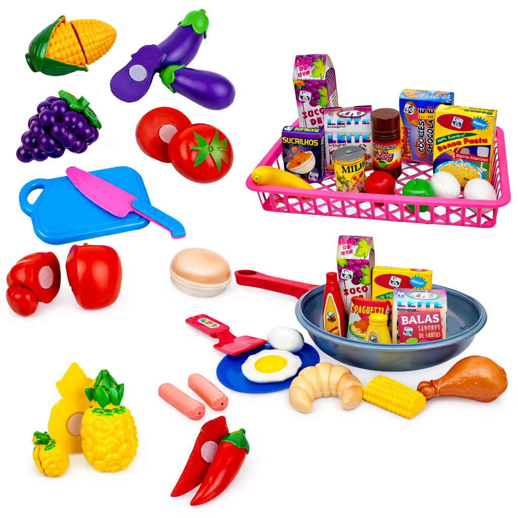 Kit Mini Mercado Mercadinho Comidinhas Frutinhas de Cortar Feirinha Brinquedo Infantil Presente