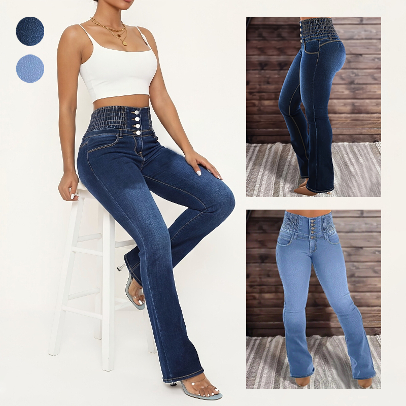 Calça jeans cintura alta Calça flare de Elastano e Botões Lipo modeladora Empina bumbum