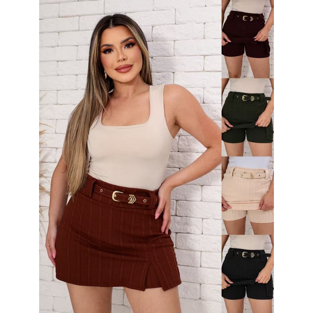 ZAVA Shorts Saia Cintura Alta com Cinto Anarrugão