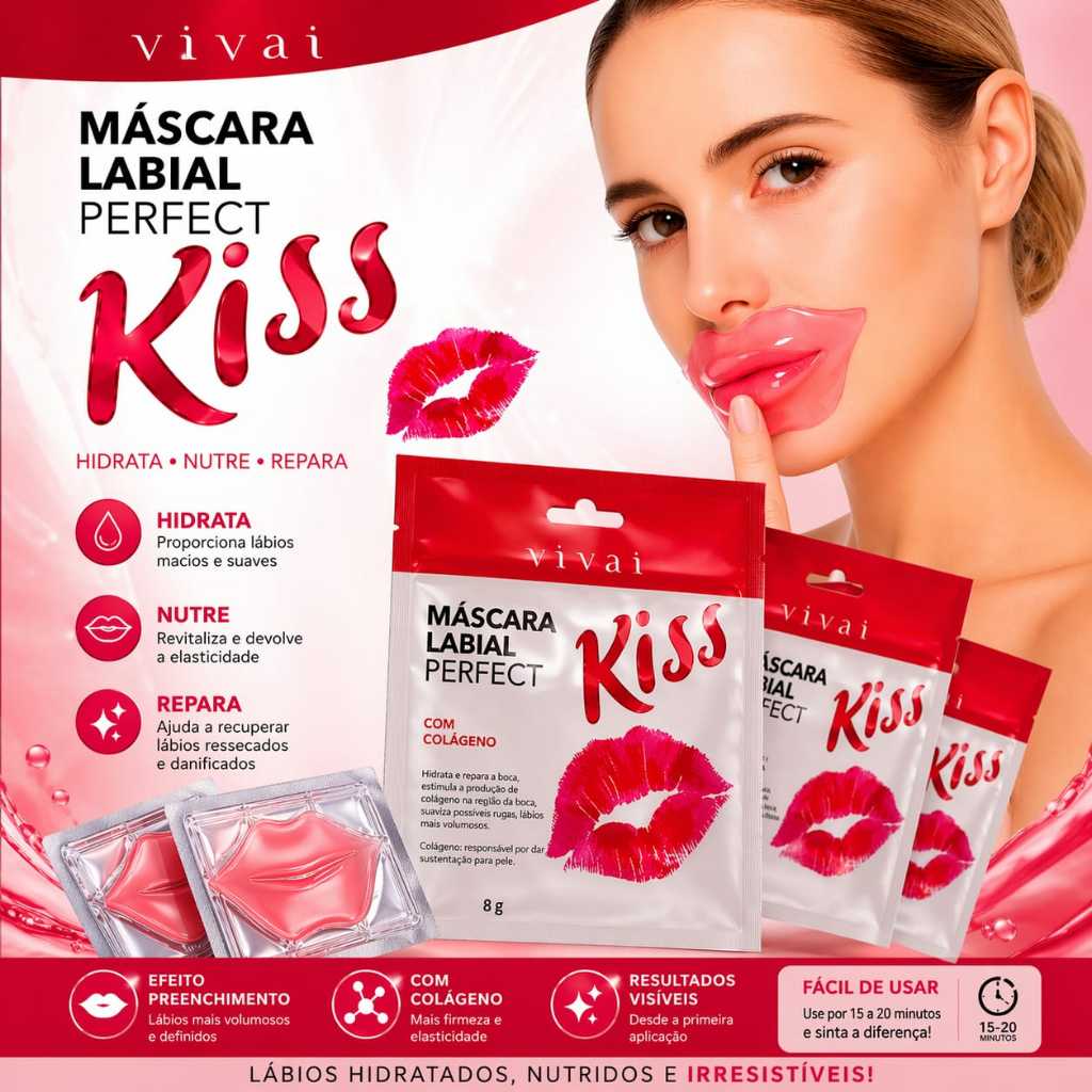 Kit Máscara Labial Vivai Kiss com Colágeno Hidratante Nutritiva Reparadora Lábios Macios