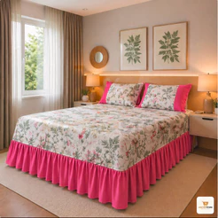 Colcha Cobre Leito Cama Casal Estampada Floral de Oxford Com Babado e Com Porta Travesseiros Fronhas